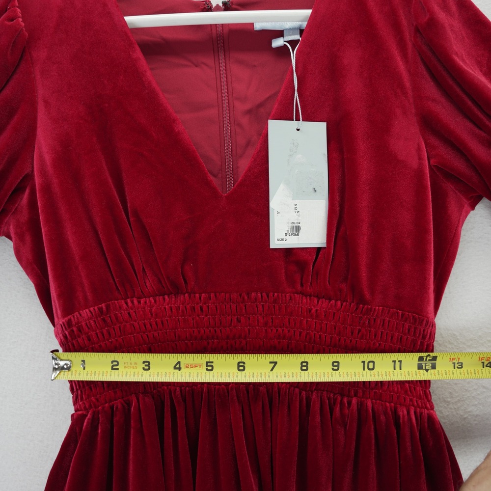 Antonio Melani‎ Red Velvet V-Neck Smocked Waist Ruffle Mini Dress Size 2 Holiday - Picture 14 of 15